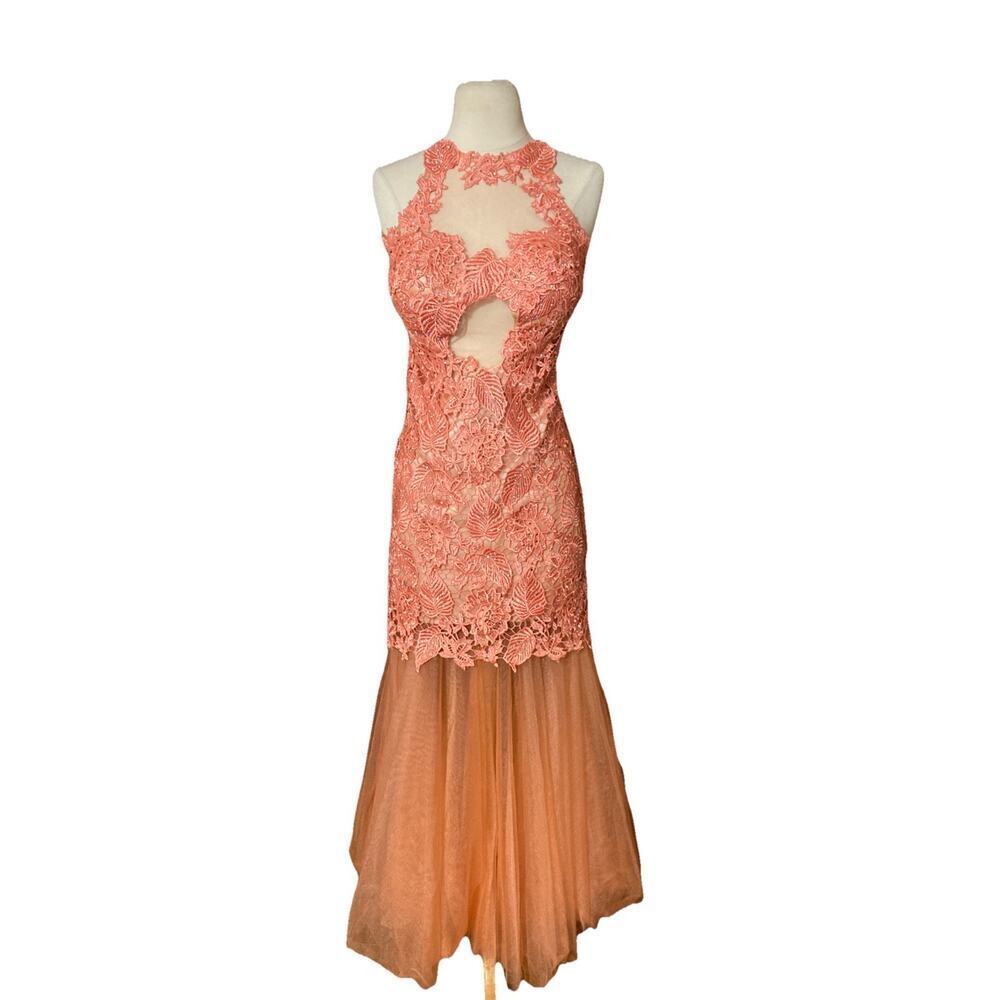 Sherri hill Maxi Dress sz 4 coral mermaid Crocheted‎ Jeweled prom formal
